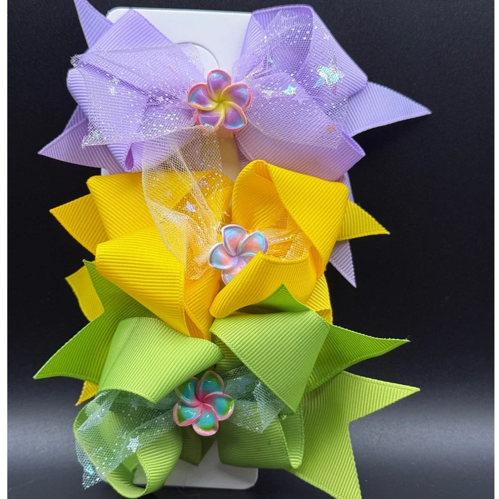 3 Pack Tropical Flower Ribbon Hair Bows Purple Yellow‎ Green Alligator Clip
